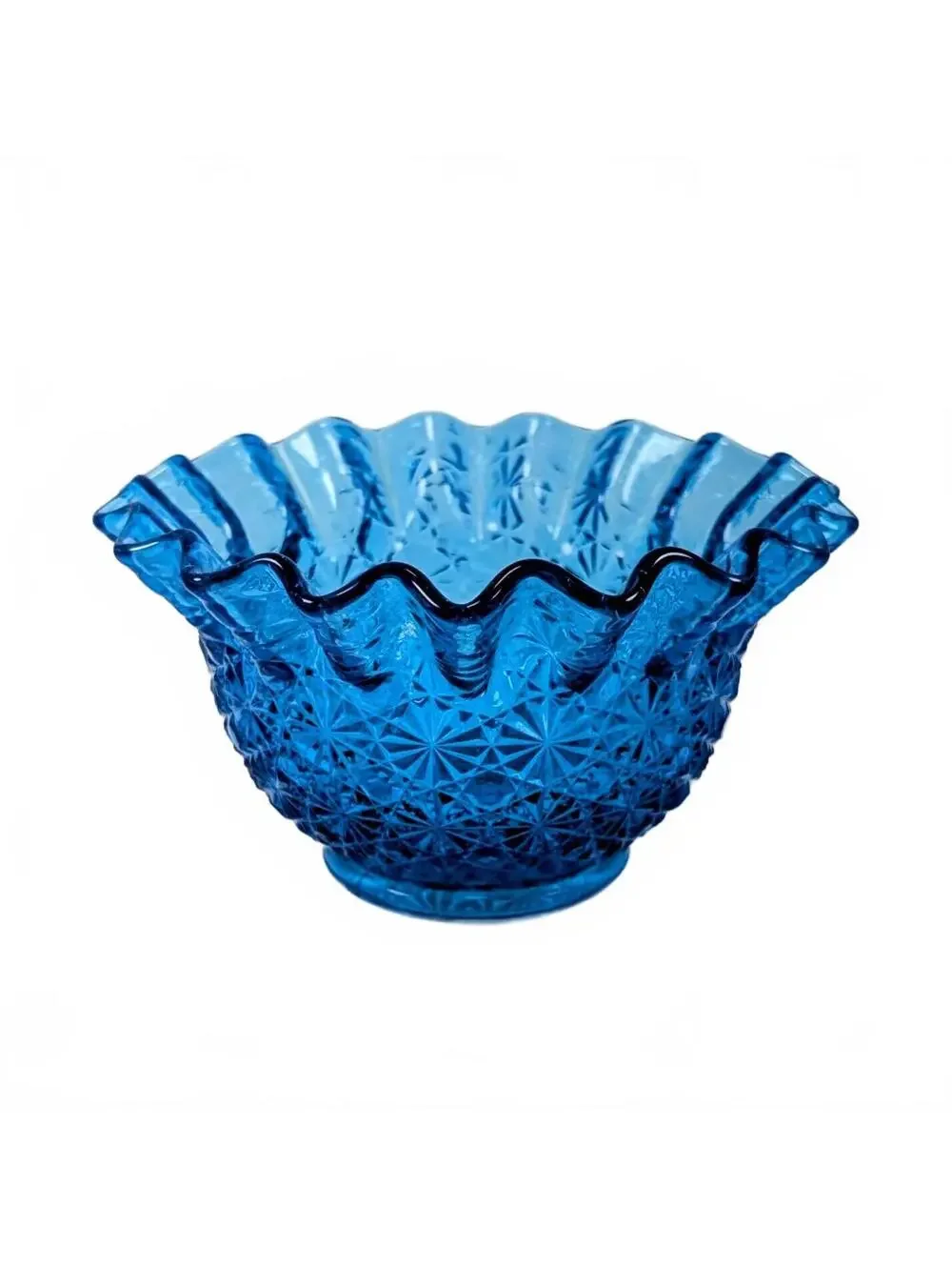 Vtg L.E. Smith Blue Daisy & Button Ruffle Bowl